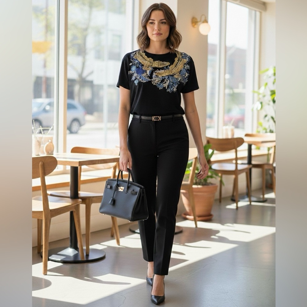 Zara Unique Black Top with Gold, Blue, White, Silver Accents Crocodiles/Flowers